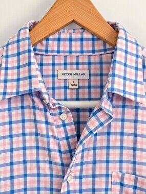 Peter Millar Blue and Pink Check Button-Down Shirt - Largr
